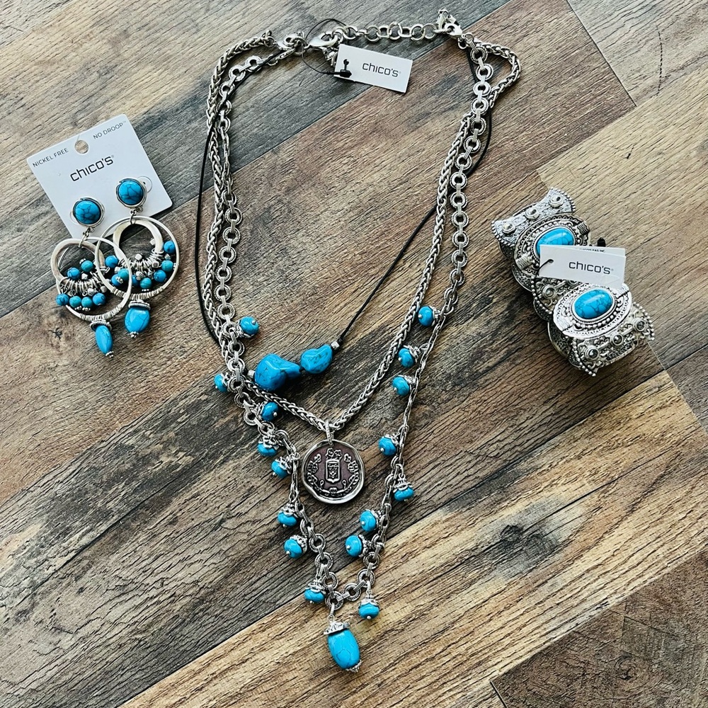 CHiCO’’S TURQUOISE BLUE COLLECTION. Earrings, necklace and bracelet all NWT